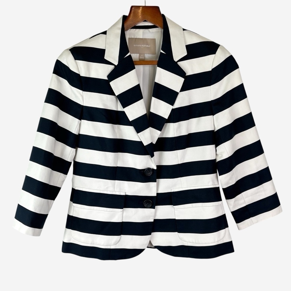 Banana Republic Striped Blazer 4 Navy White 3/4 Sleeve Nautical Preppy Career